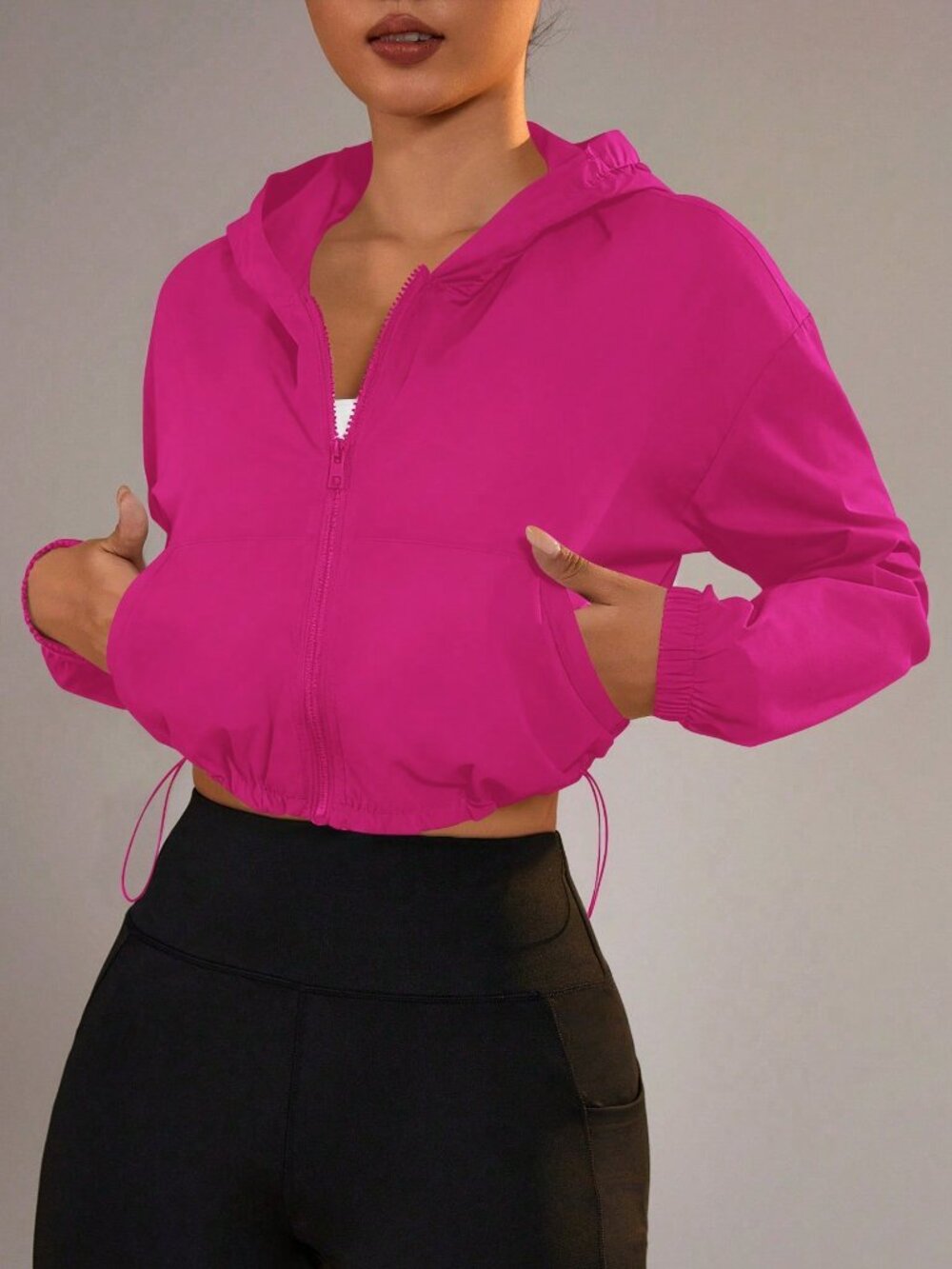 Hot Pink Casual Women's Loose Hooded Zip-Up Drawstring Pocket Jacket